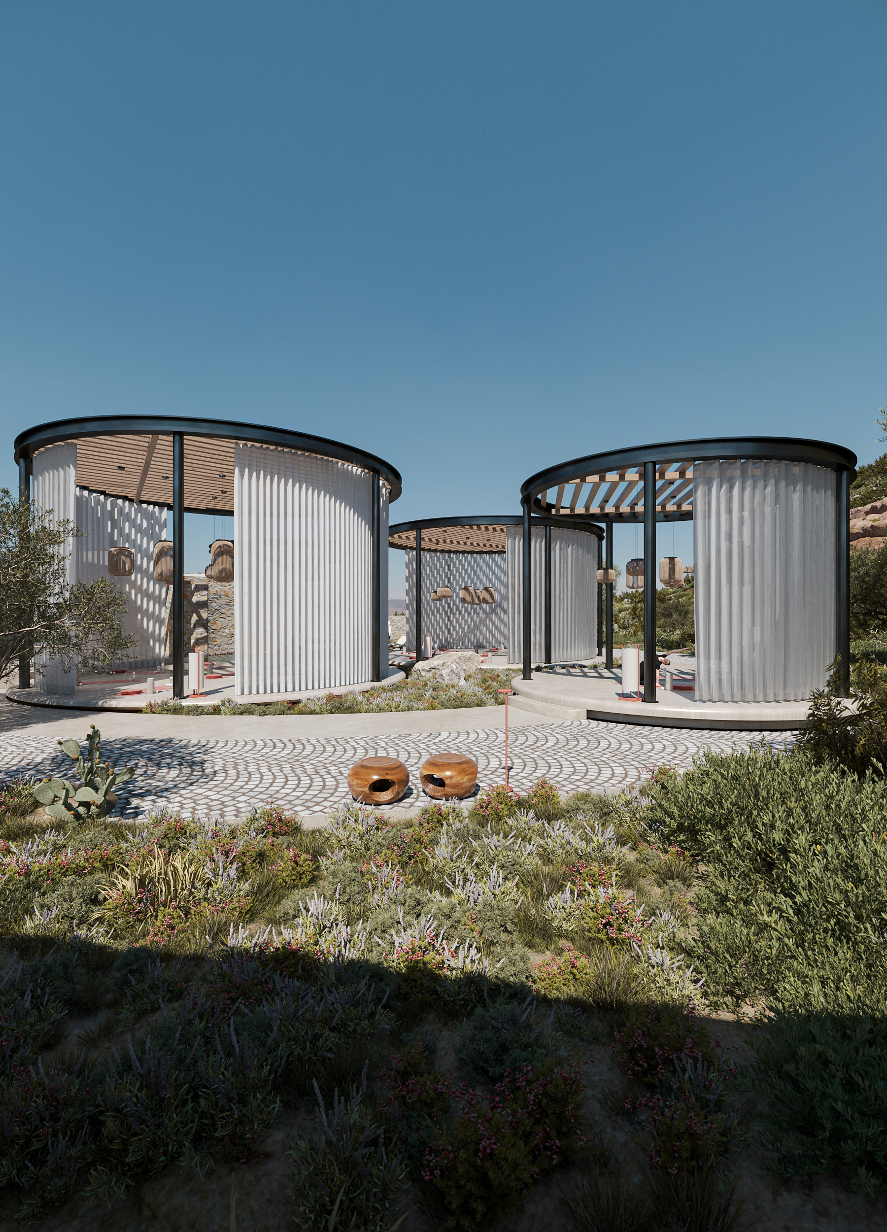 "3D απεικόνιση εξωτερικού χώρου yoga και Pilates retreat στην Πάρο, σχεδιασμένο από το Mitos 3D Studio"