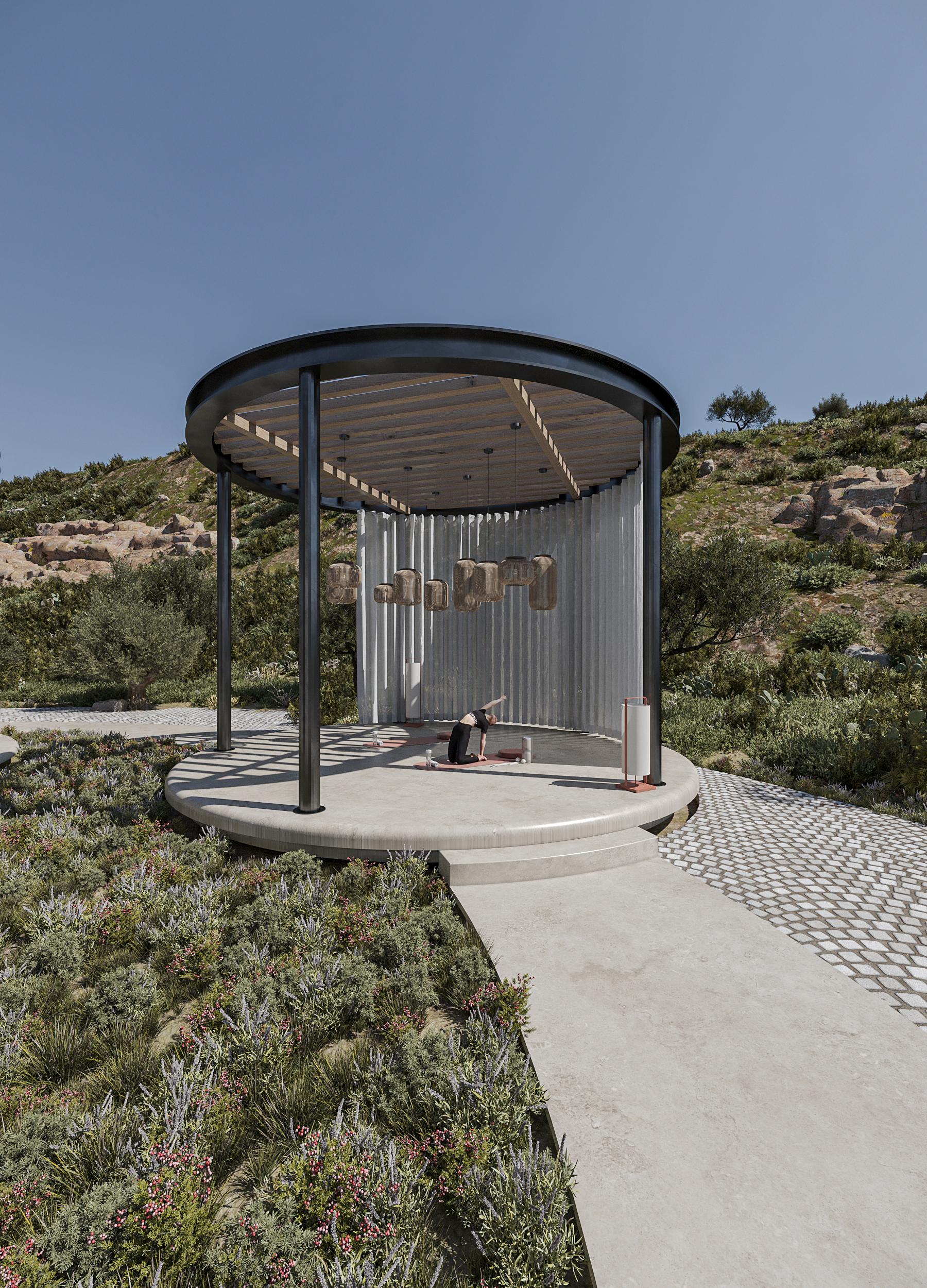 Exterior 3D rendering of a modern yoga retreat in Paros with private terraces and sea views – Mitos 3D Studio design team.