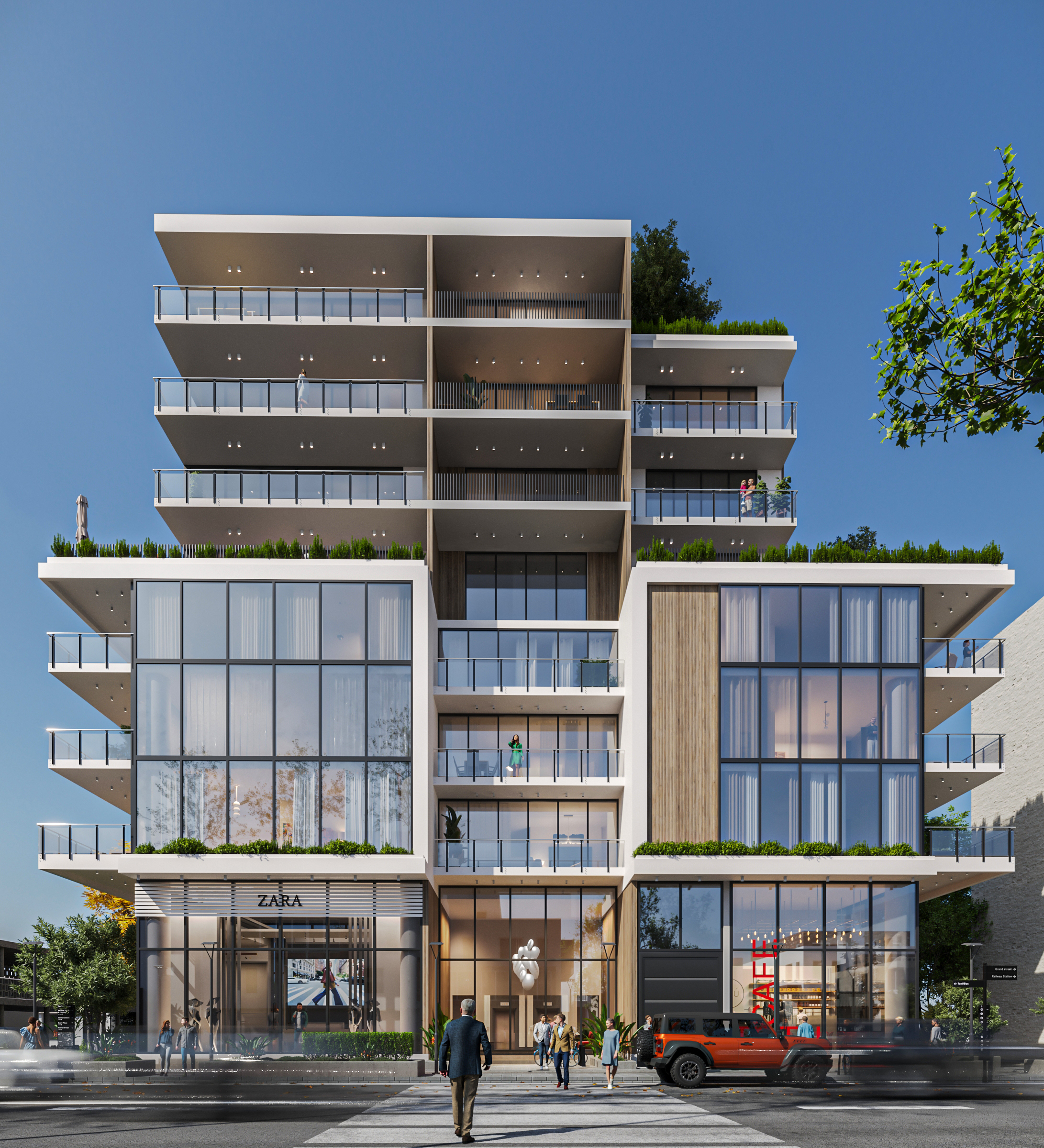 Architectural rendering of the ground-floor retail area of the new Nicosia residential complex by Mitos 3D Studio, with large glass storefronts, greenery, and urban landscaping.