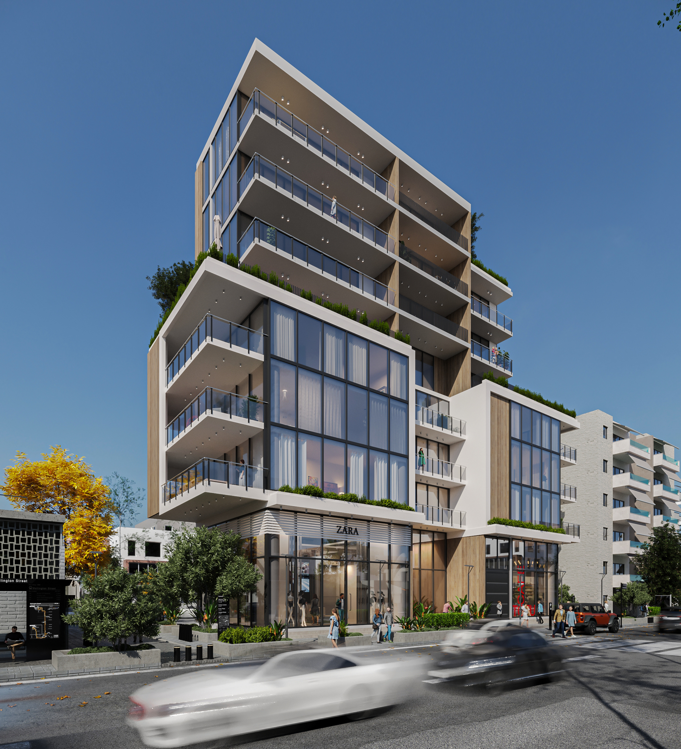 Street-level 3D visualization of Mitos 3D Studio’s residential project in Nicosia, showing retail spaces, a modern café, underground parking access, and pedestrian-friendly design.