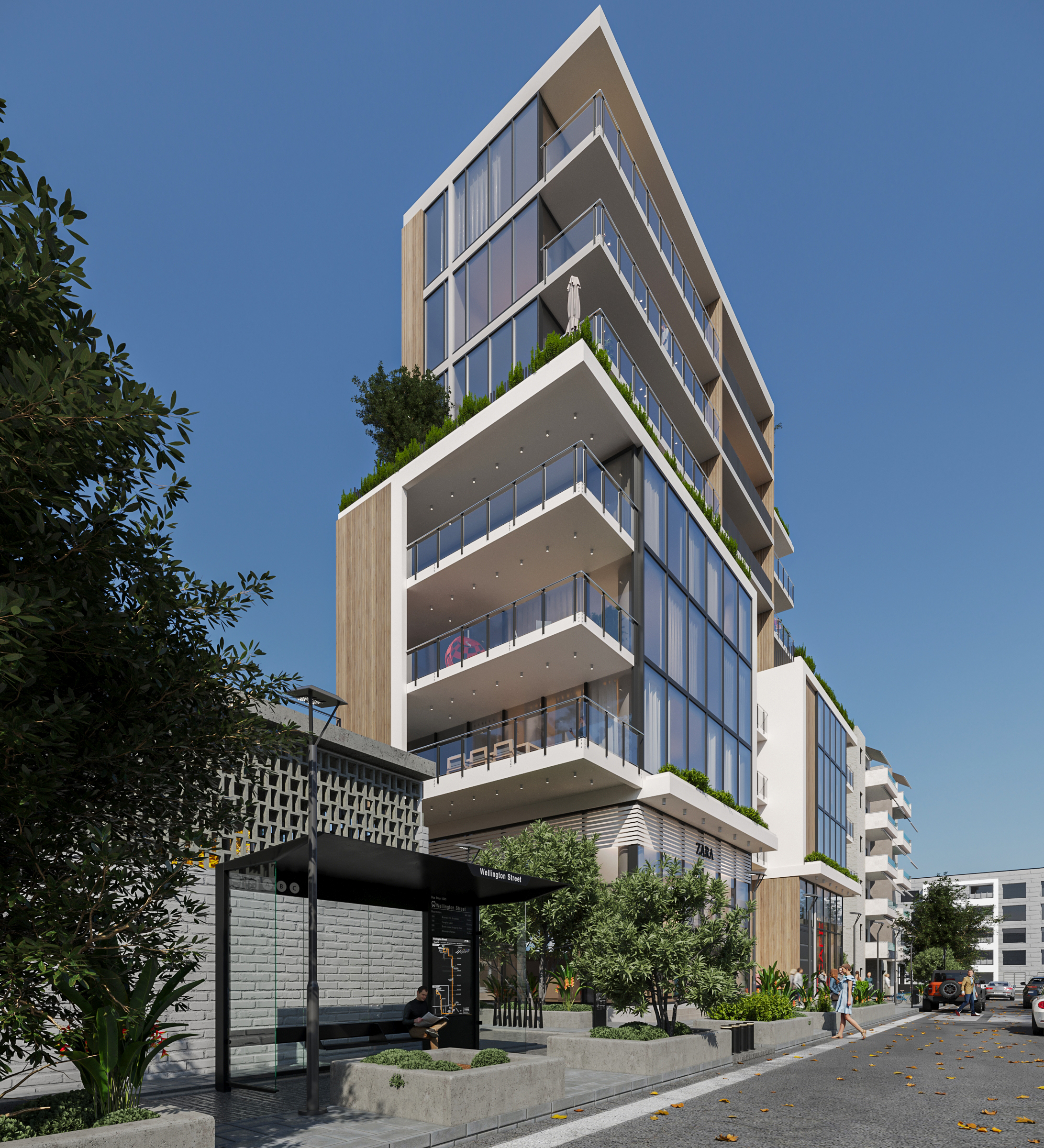 Street-level 3D visualization of Mitos 3D Studio’s residential project in Nicosia, showing retail spaces, a modern café, underground parking access, and pedestrian-friendly design.