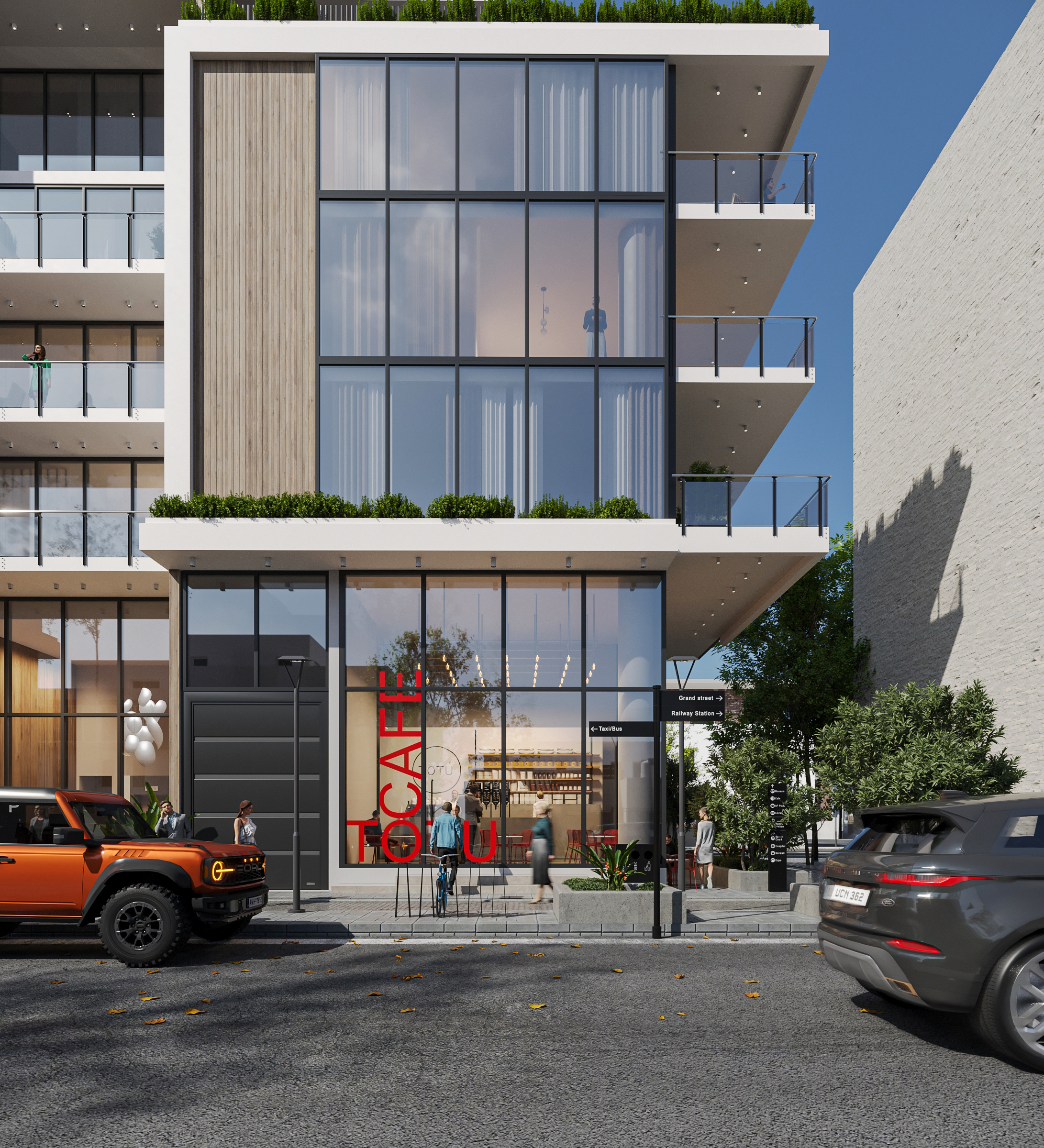 Architectural rendering of the ground-floor retail area of the new Nicosia residential complex by Mitos 3D Studio, with large glass storefronts, greenery, and urban landscaping.