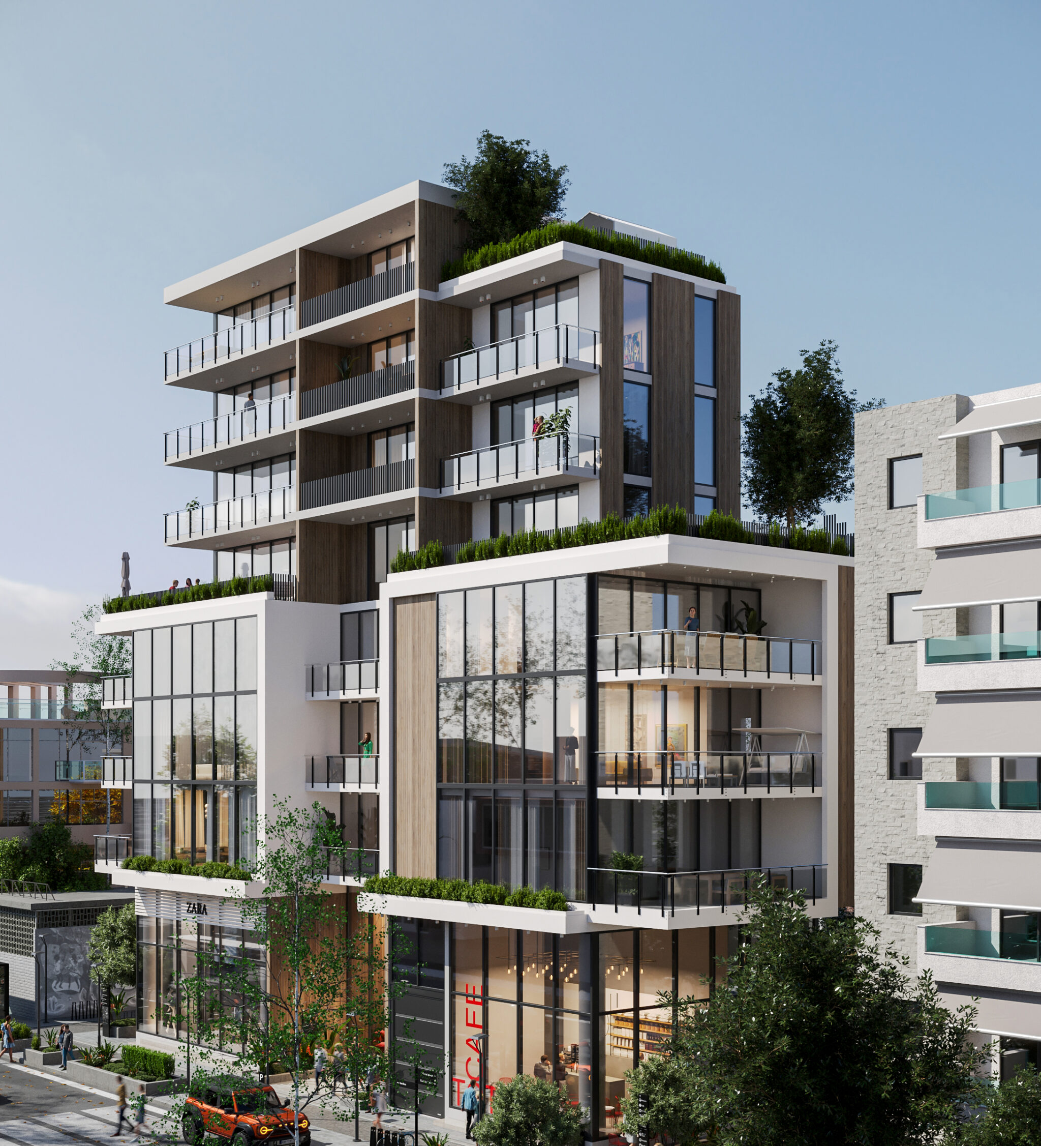 Street-level 3D visualization of Mitos 3D Studio’s residential project in Nicosia, showing retail spaces, a modern café, underground parking access, and pedestrian-friendly design.