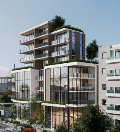 Street-level 3D visualization of Mitos 3D Studio’s residential project in Nicosia, showing retail spaces, a modern café, underground parking access, and pedestrian-friendly design.