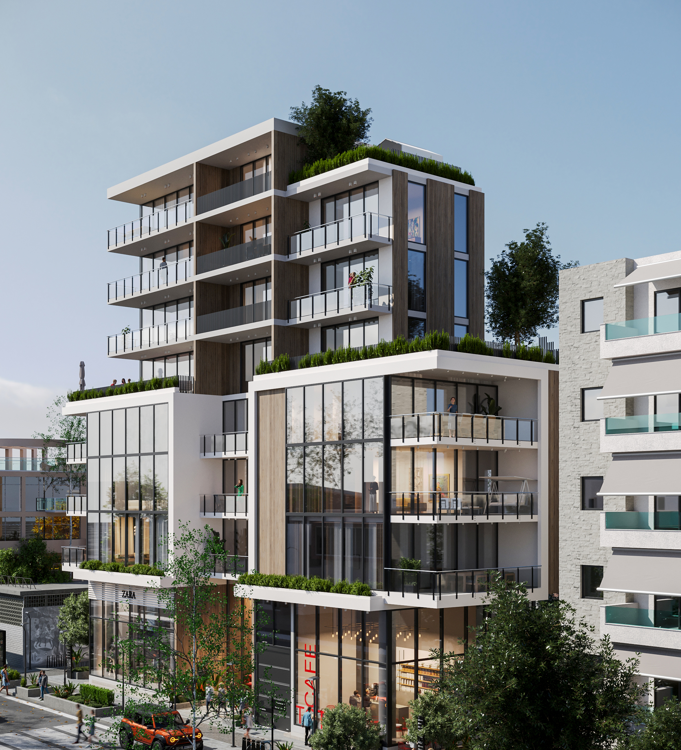 Street-level 3D visualization of Mitos 3D Studio’s residential project in Nicosia, showing retail spaces, a modern café, underground parking access, and pedestrian-friendly design.